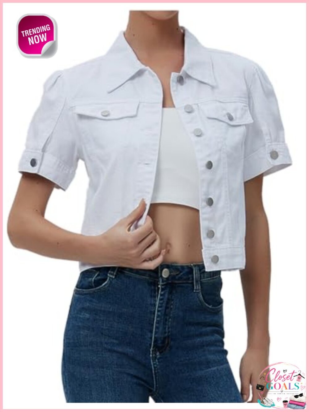 Cropped Denim Jacket Women Puff Short Sleeve Jean Jacket Summer